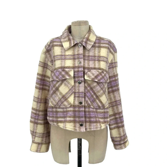Zara Cropped‎ Plaid Jacket Shacket Purple Cream Size Large - Picture 2 of 11